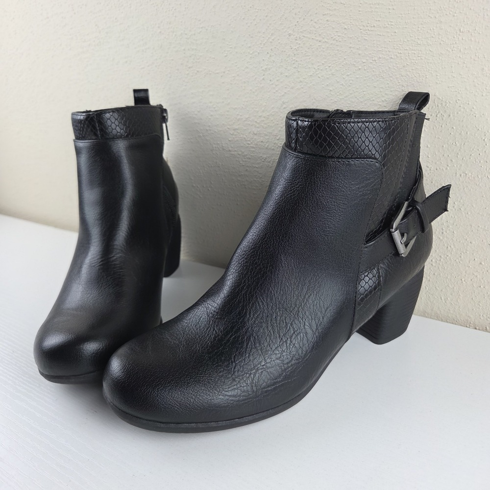 Croft & Barrow Gula Ankle Boots Black Buckle Block Heel Booties Side Zip Wmns 8M